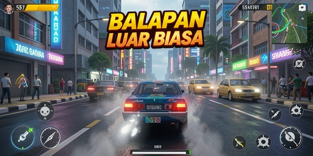 Tangkapan layar dari gameplay 55RT yang mendebarkan saat balapan.