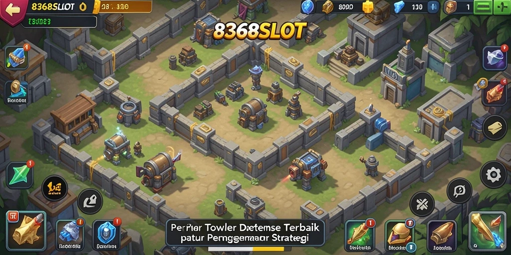 Tangkapan layar gameplay 8368SLOT menampilkan pertahanan menara yang strategis.
