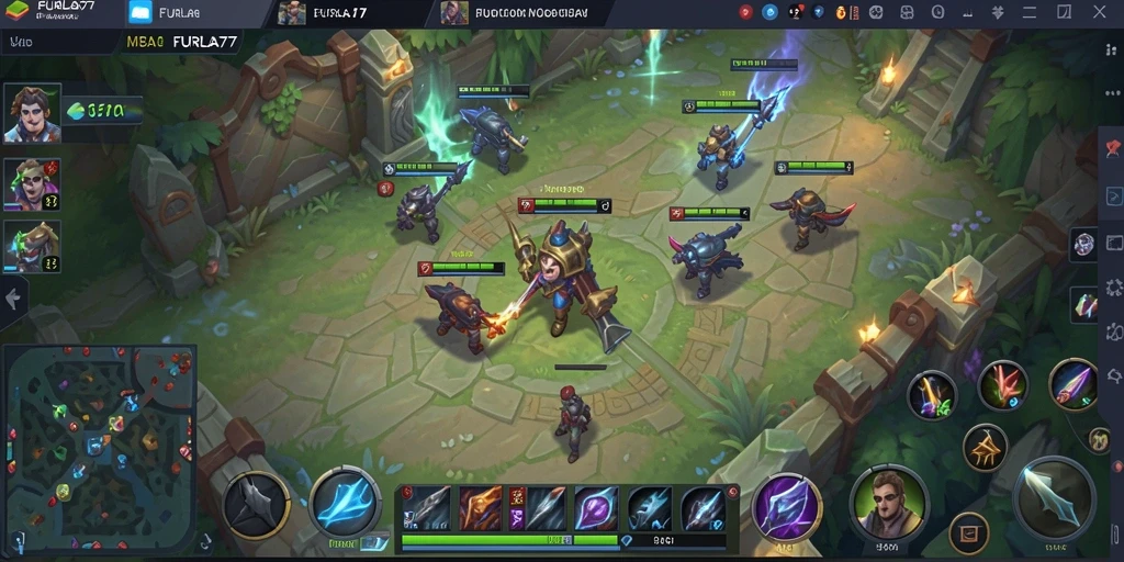 Screenshot FURLA77 menunjukkan pertarungan seru antara tim dalam arena MOBA.