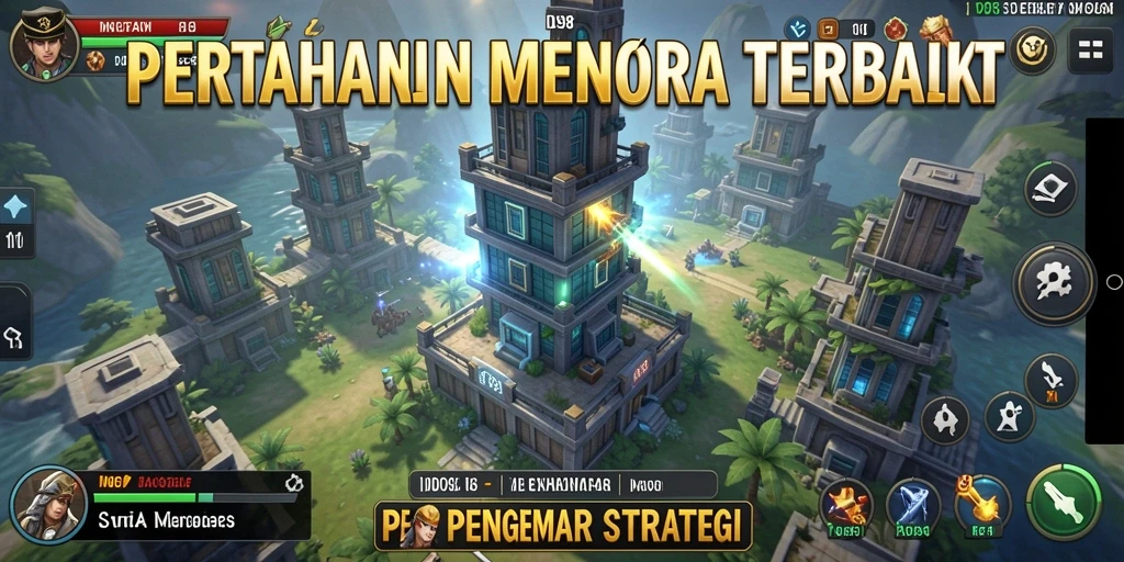 Tampilan gameplay ID098 dengan menara pertahanan melawan serangan musuh.