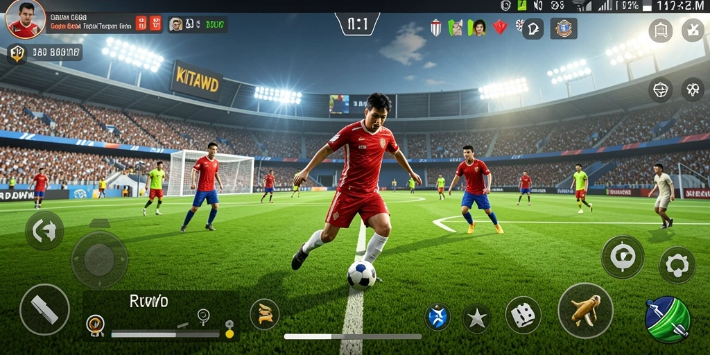 Tampilan gameplay <strong>KITAWD</strong> menampilkan aksi sepak bola yang mendebarkan dan grafis yang realistis.