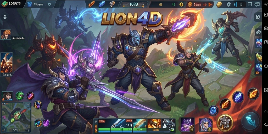 Screenshot utama LION4D menampilkan pertempuran seru antara karakter dalam gameplay MOBA.